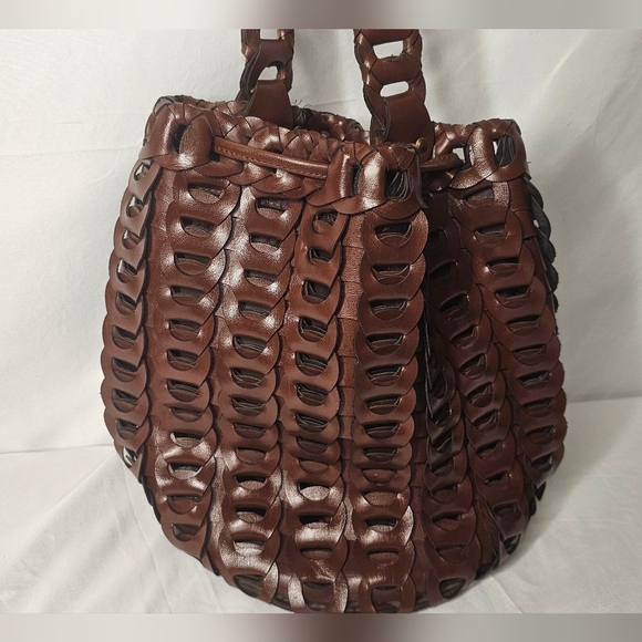 Bohemian Dark Brown Interlocking Leather Handbag Retro Basket Weave Bucket Bag - Picture 3 of 13